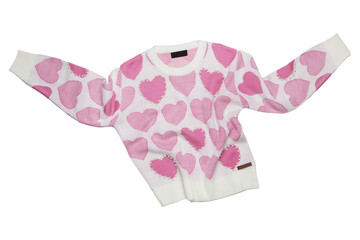 Wall Mural - White knitted sweater, as if dancing, with a pattern of pink hearts, isolate