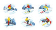 © GN.STUDIO - Set of skiers isolated on white background. Colorful skier rides and jumps. Winter sport characters slides in mountains. Ski actions: downhill, slalom, freeride, freestyle in Alps. Vector illustration