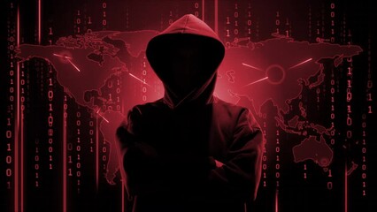 Portrait of computer hacker in hoodie. Obscured dark face. Data thief, internet fraud, darknet and cyber security concept.