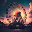 huge ferris wheel fantasy cloudy sky at sunset giant with clouds fading in an amusement park revolving around orange festival 