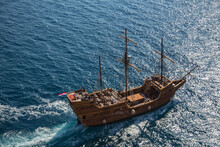 Old Wooden Three-master Ship On The Blue Adriatic Sea - Passing Dubrovnik, Croatia