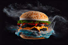 Fresh Spicy Big Hamburger Sauce Splashing Or Cheese Burger Flying On A Dark And Moody Background AI Generative