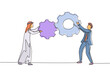 © Simple Line - Continuous one line drawing teamwork cooperation in gear mechanism. Two Arab businessmen engaged in business direction to successful. Huge cogwheel machine. Single line draw design vector illustration