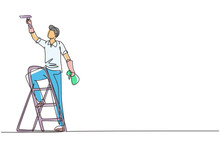 Continuous One Line Drawing Cleaner Standing On Ladder, Washing With Sponge. Cleaning Service, Cleaning Tools, Washing Sponge, House Cleaning And Housework. Single Line Draw Design Vector Illustration
