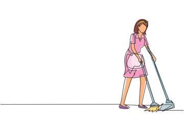 Wall Mural - Continuous one line drawing housekeeping girl worker with broom, dustpan. Woman janitor, sweeping floor with broom, holding dustpan, professional cleaning. Single line draw design vector illustration