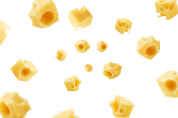 Canvas Print - Falling cheese cube, isolated on white background, selective focus