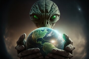 Wall Mural - alien with earth in hands made with generative ai