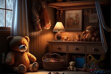 Country Interior Style Children's Room With Wooden Dresser, Teddy Bear And Toys At Night. Generative AI