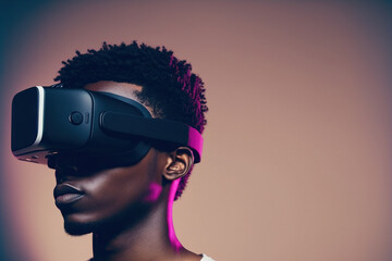 Wall Mural - African man wearing virtual reality goggles standing studio clean background . Concept of virtual reality technology , gaming simulation and metaverse. . Sublime Generative AI image .