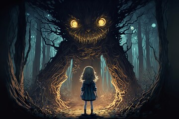 Little Cartoon Anime Girl Standing In Front Of Forest Demon Monster with Yellow Eyes