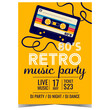 © hello_design - Retro music party invitation poster with audio cassette on yellow background. Vector banner or flyer design template in flat style for retro 80's concert, disco dance night or eighties show.