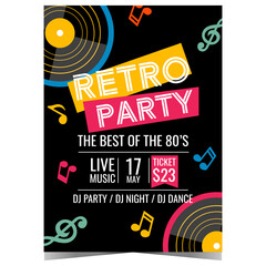 Wall Mural - Retro party invitation card design. Vector poster, banner or flyer with vinyl records and colored music elements on black background suitable for retro show, concert or disco dance eighties party.