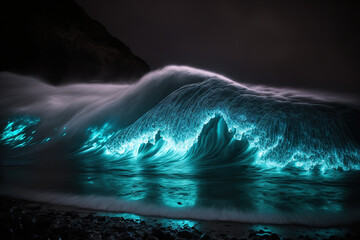 Wall Mural - Luminoscent sea waves glittering, cinematic ocean wave, nature, full hd wallpaper, high resolution background