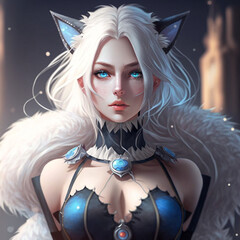 Wall Mural - portrait of a blonde elf woman with cute fox ears, ai