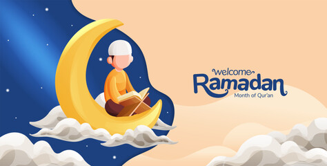 Wall Mural - Ramadan Creative Illustration With Man Reading Quran Crescent Moon and Stars Above The Clouds