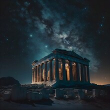 Parthenon Lit By The Light Of The Milky Way Galaxy Dream Sequence 