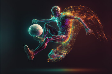 Wall Mural - A futuristic young male soccer player hologram playing with a soccer ball. Generative ai