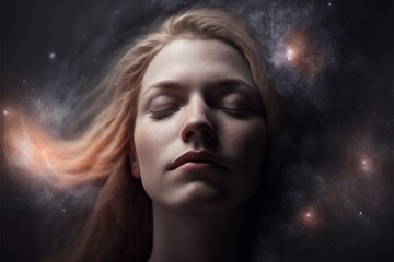 Wall Mural - lucid dreaming astral projection close up woman meditation illustration generative ai