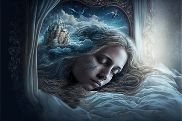 Wall Mural - lucid dreaming astral projection close up woman meditation illustration generative ai