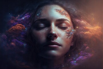 Wall Mural - lucid dreaming astral projection close up woman meditation illustration generative ai