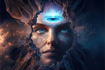 Wall Mural - lucid dreaming astral projection close up woman meditation illustration generative ai