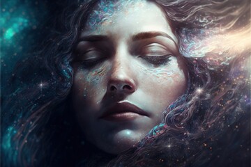 Wall Mural - lucid dreaming astral projection close up woman meditation illustration generative ai