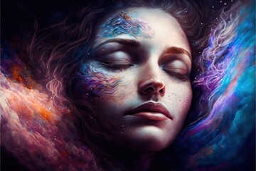 Wall Mural - lucid dreaming astral projection close up woman meditation illustration generative ai
