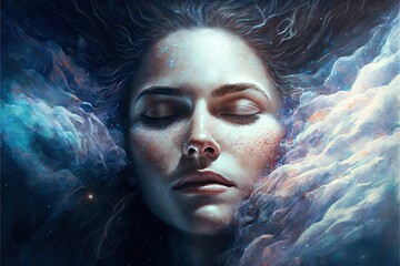Wall Mural - lucid dreaming astral projection close up woman meditation illustration generative ai