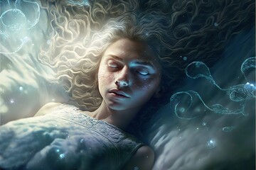 Wall Mural - lucid dreaming astral projection close up woman meditation illustration generative ai