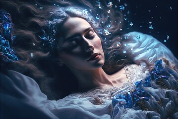 Wall Mural - lucid dreaming astral projection close up woman meditation illustration generative ai