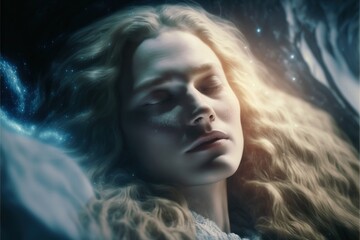 Wall Mural - lucid dreaming astral projection close up woman meditation illustration generative ai