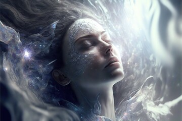 Wall Mural - lucid dreaming astral projection close up woman meditation illustration generative ai