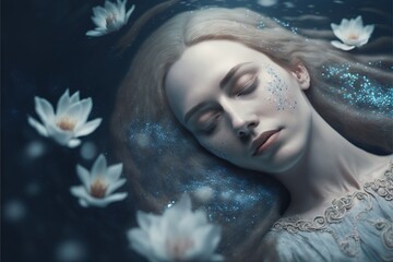 Wall Mural - lucid dreaming astral projection close up woman meditation illustration generative ai