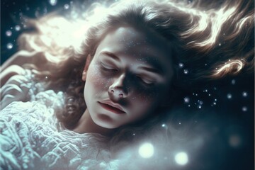 Wall Mural - lucid dreaming astral projection close up woman meditation illustration generative ai