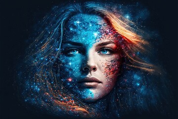 Wall Mural - lucid dreaming astral projection close up woman meditation illustration generative ai