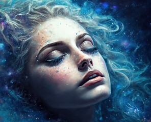 Wall Mural - lucid dreaming astral projection close up woman meditation illustration generative ai