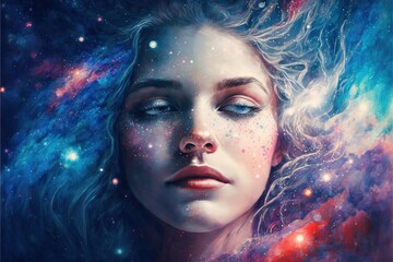 Wall Mural - lucid dreaming astral projection close up woman meditation illustration generative ai