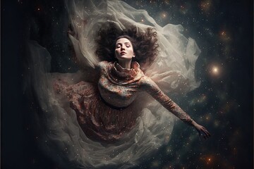 Wall Mural - lucid dreaming astral projection close up woman meditation illustration generative ai