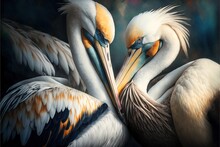  A Painting Of Two Pelicans With Their Beaks Touching Each Other's Heads With Their Beaks Open And Their Wings Spread Wide.  Generative Ai
