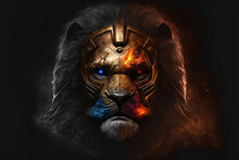 логотип аватарка лев в железной маске в синим и красным горящими глазами