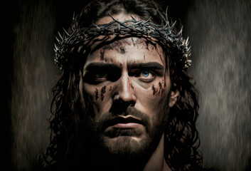 Wall Mural - Portrait of Jesus Christ wearing a crown of thorns. Generative ai