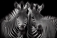 Two Black And White Zebras On Black Background Created With AI