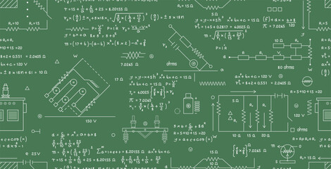 Wall Mural - Scientific formulas for electrical calculations and circuits written on chalkboard seamless pattern.
