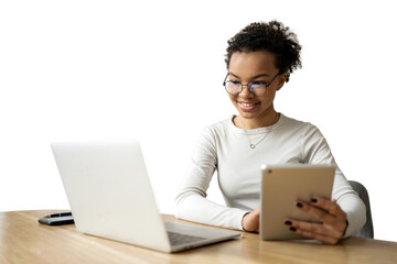 Positive young female student education online using laptop and computer, isolated transparent background.