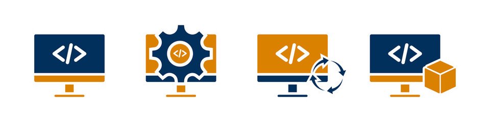 Developer icon set. Code on computer screen symbol. Programmer coding icon in flat style - stock vector.