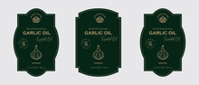 Garlic Oil Label Design Skin Care Oil Label Design And Beauty Products, Herbal Ingredients. Garlic Labels With Sketches, And Package Emblem. Green Gold Premium Vector Illustration.