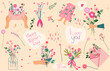 Happy mother's day.Illustration with a bouquet of flowers in hands, inscriptions for Mother's Day, bright flowers in a jar, an envelope, etc.Floral postcards for celebrating Mother's Day, spring, etc