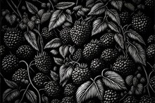  A Black And White Drawing Of Berries And Leaves On A Black Background With A White Border Around The Edges Of The Image Is A Square.  Generative Ai