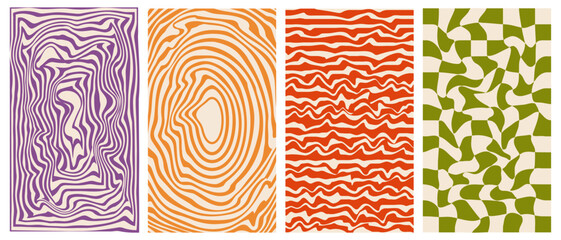 Wall Mural - groovy hippie 70s vector backgrounds set. chessboard and twisted patterns. backgrounds in trendy ret