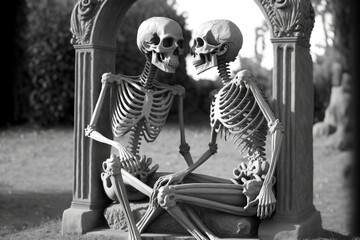 A pair of skeletons in a loving posture symbolizing love beyond the grave